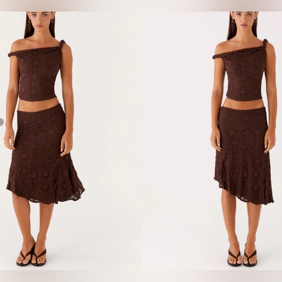 NWT Peppermayo Diamond Sky Midi Skirt Asymmetrical Chocolate - Picture 2 of 4